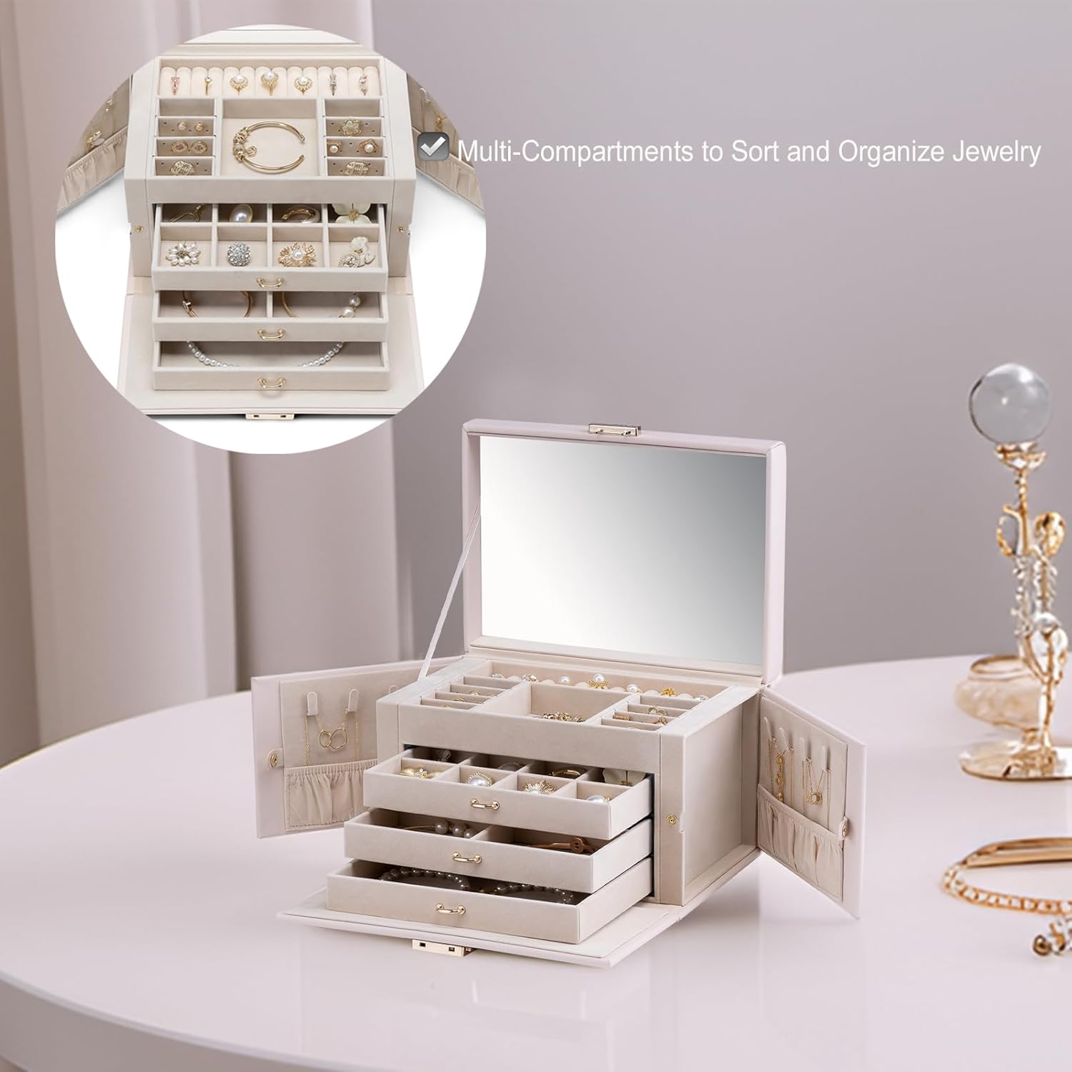 Vlando Lockable Jewelry Box Organizer with Key, 3-Tiered Storage Tray for Necklaces Earrings Rings Bracket Accessories Storage Display, Full HD-Mirror, Pink Beige