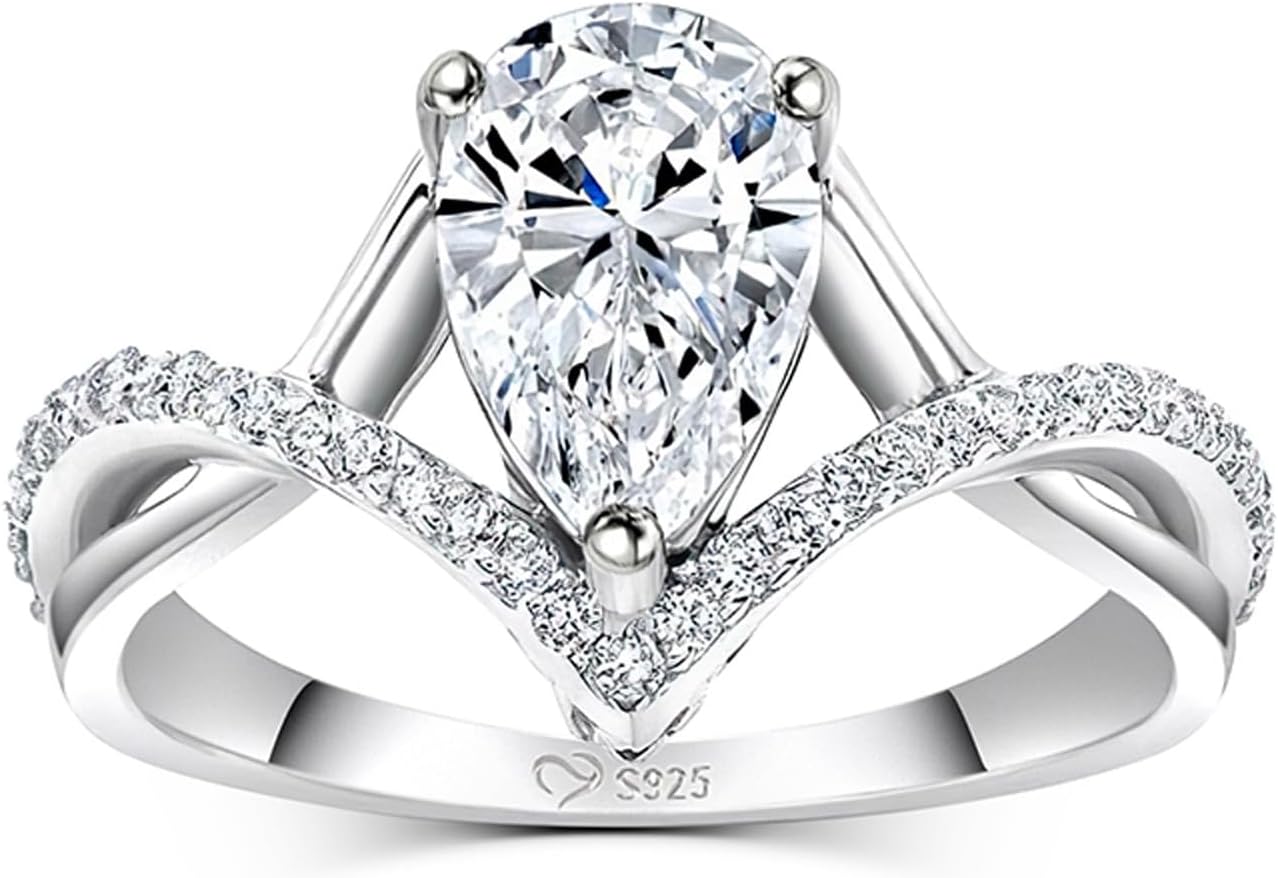 Jeulia 3.2ct Twist Pear Cut Wedding Ring for Women, Classic Sterling Silver Diamond White Ring Art Deco Engagement Ring Band Valentine's Day Bridal Set Promise Jewelry with Gift Box