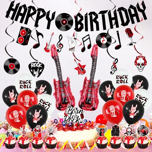 Image of Crenics Rock and Roll Birthday Party Decorations with Happy Birthday Banner | Hanging Swirls, Cake Toppers and Balloons for Music Rock & Roll Party Supplies