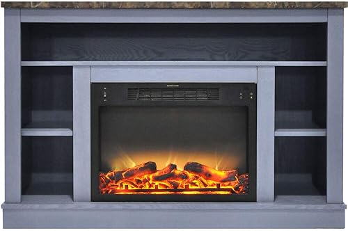 Oxford - Chimenea eléctrica de 47 pulgadas con inserto LED multicolor de 1500 W y mantel de almacenamiento AV en azul pizarra