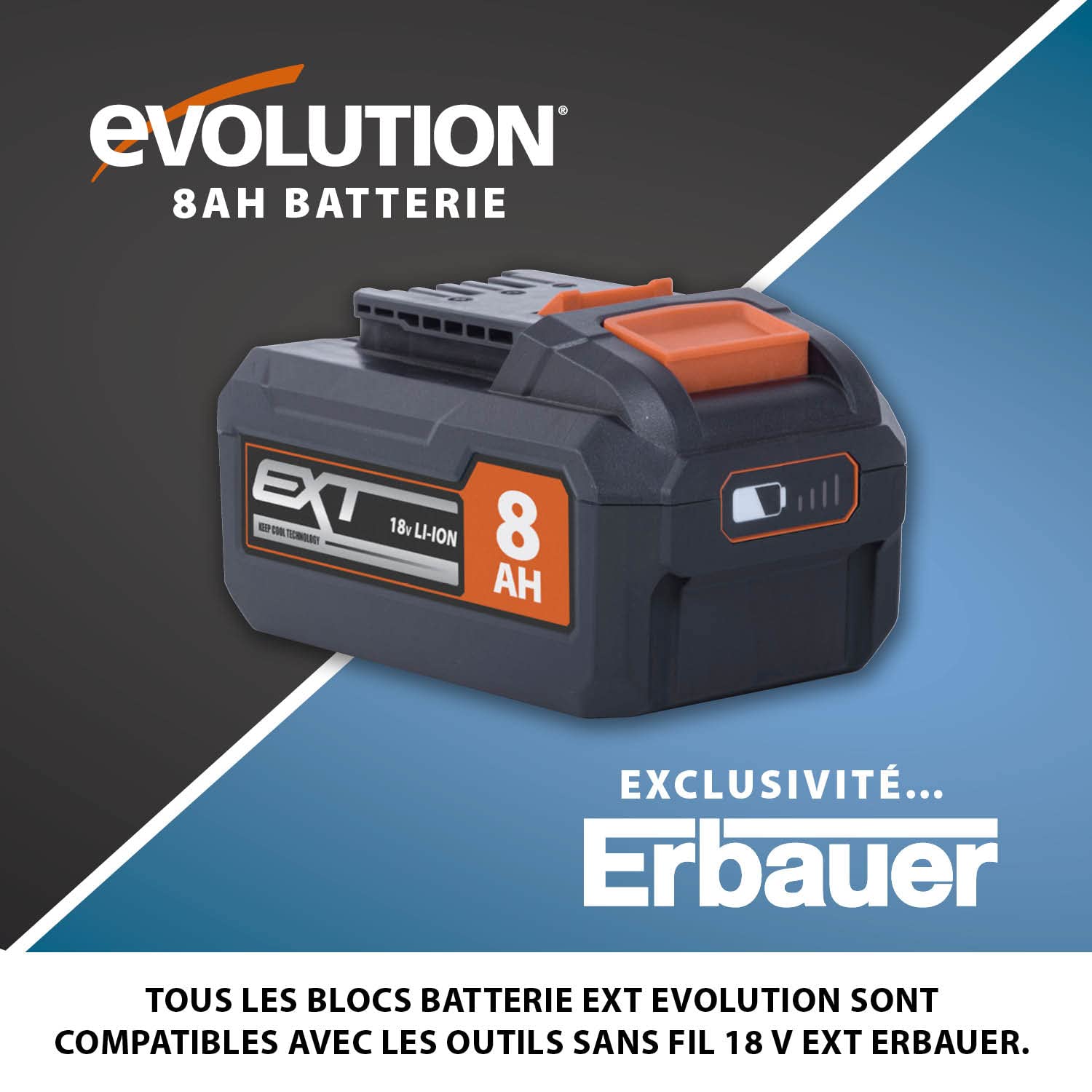 Bloc batterie lithium ion Evolution Power Tools, 8 Ah, 18 V