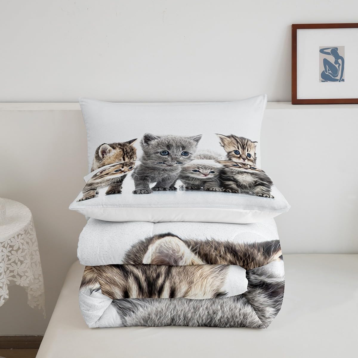 Feelyou Bettwäsche-Set für kleine Katzen, Bettdecken-Set für Katzenliebhaber, Tiermotiv-Design, für Jungen und Mädchen, Kinderzimmer-Dekor, niedliches Kätzchen-Aufdruck, Doppelbettgröße, mit 1