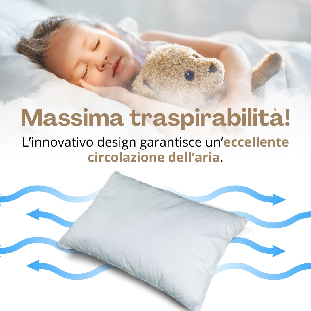 Natéa Cuscino Bambino 2 Anni con Federa 100% Cotone Traspirante e Antiacaro certificato OEKO-TEX® 100, Cuscino Lettino Bambino per Asilo e Culla, per bimbi di 2, 3 e 4 Anni (40x60x4 cm)