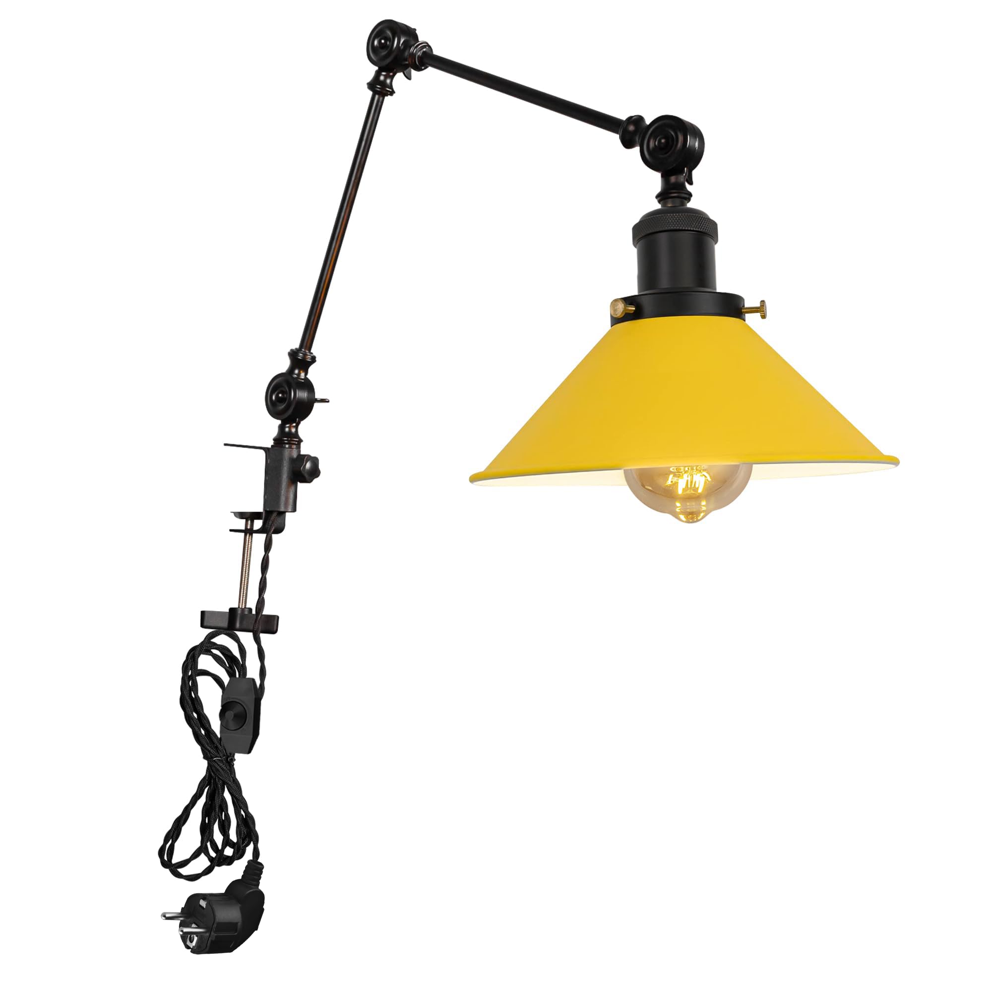 BD0173-Y - Lampada a morsetto industriale con 2,5 cavi interruttori, clip regolabile su lampada da lettura, dimmerabile, con braccio flessibile, per scrivania, comodino, scaffale, colore