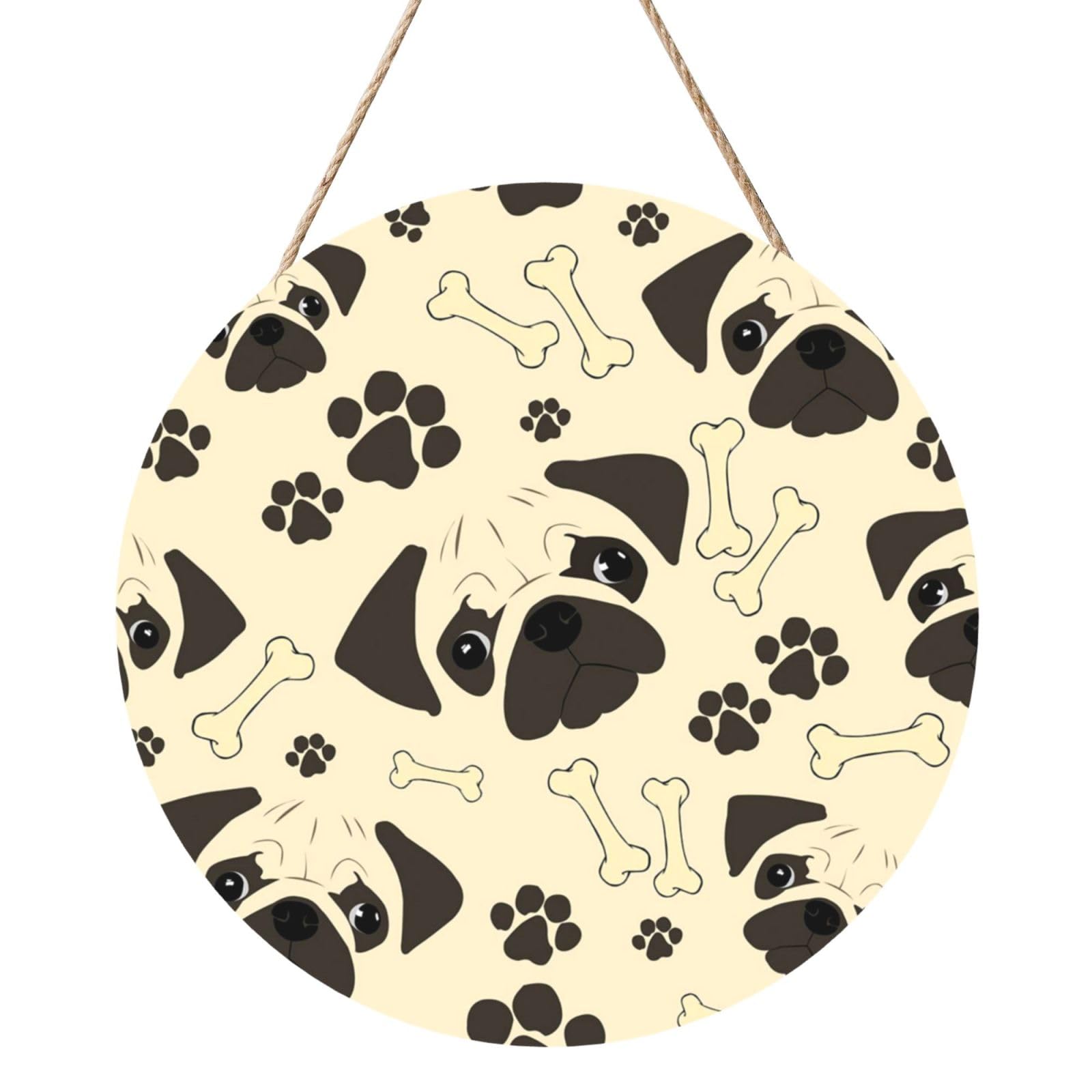 InOmak Pug Dog Pattern, Round Wood Panel Painting 12 in, Wall Hanging Painting For Home