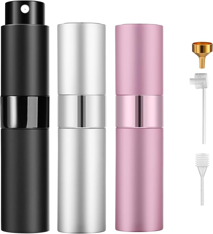 Atomizador recarregável para perfume Likealot 8 mL, 3 unidades, azul, prata e rosa