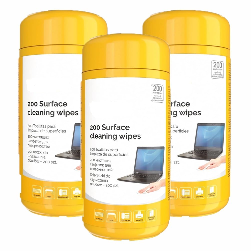 3 x Fellowes Performance 200 Pack Multi Surface Tech Wipes Tub | Anti-Static & Alcohol Free | Remove Dirt/Grease Work Space & Devices | 600 Wipes in Total