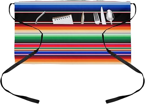ARTtikke Waist Apron Waitress Waiter Server Short Aprons with 3 Pockets Bright Colorful Mexico Stripes Half Apron 24x13 inch