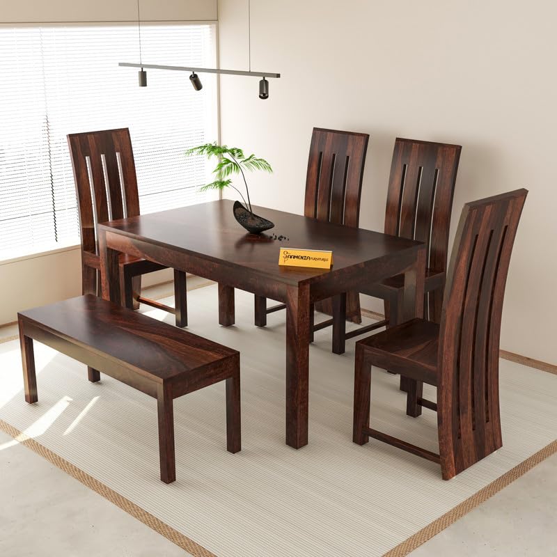Image of Solid Sheesham Wood Dining Room Sets 6 Seater Dining Table with 4 Chairs & 1 Bench for Dining Room, Living Room, Restaurant, Cafeteria (Zinor, Walnut)