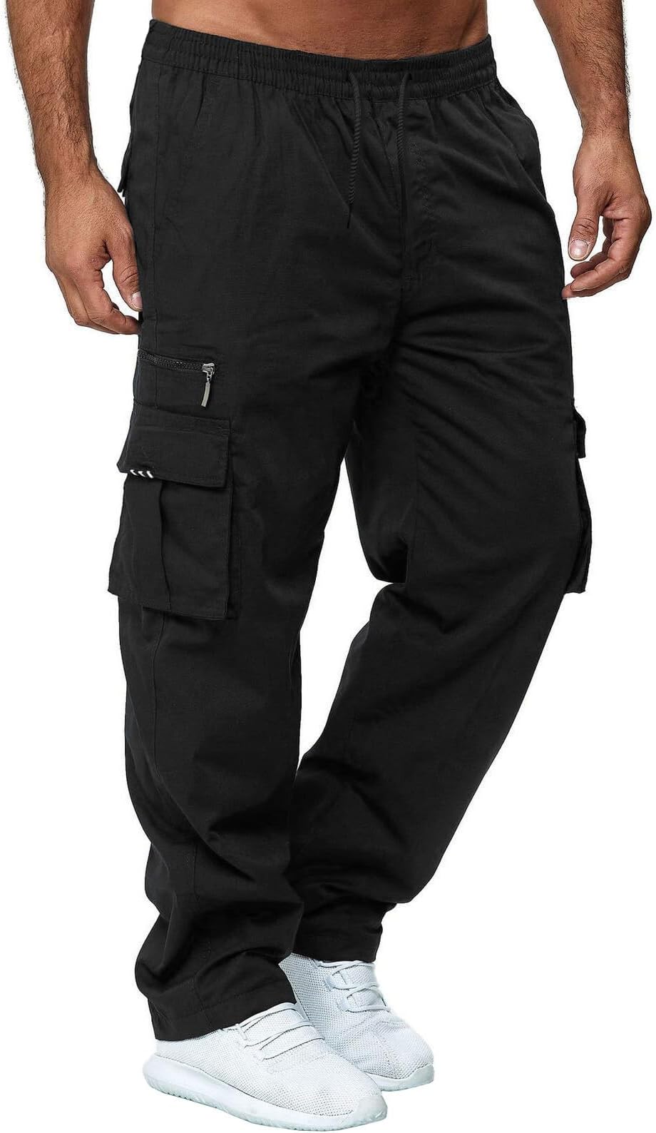 Mens Cargo Trousers Elasticated Waist Pants Work Straight Fit Jogger Outdoor Pants Utility Pockets