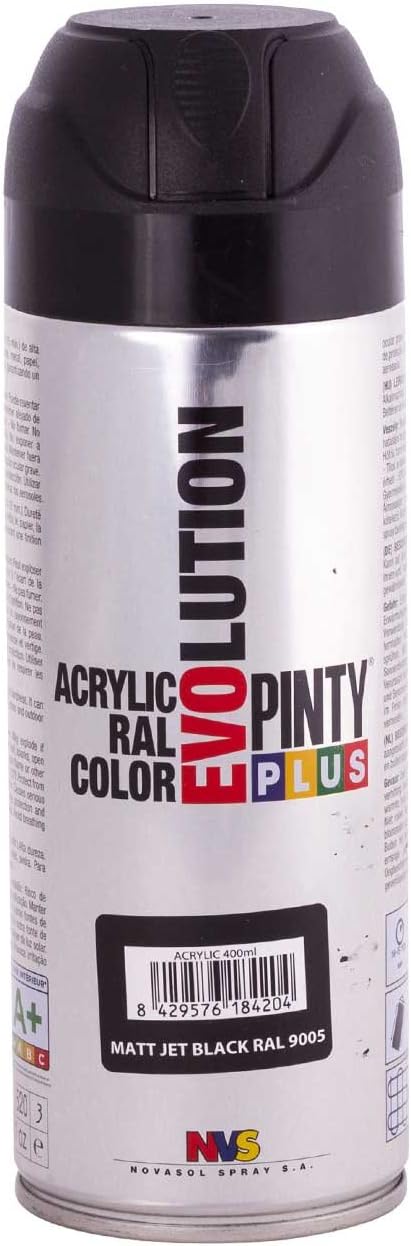 Pintyplus Evolution Spray Paint - 11oz, Solvent Based, Acrylic Spray Paint. Multiple Applications Including Wood, Stone, Cardboard, Paper, & Cardboard. RAL 9005 Matt Jet Black