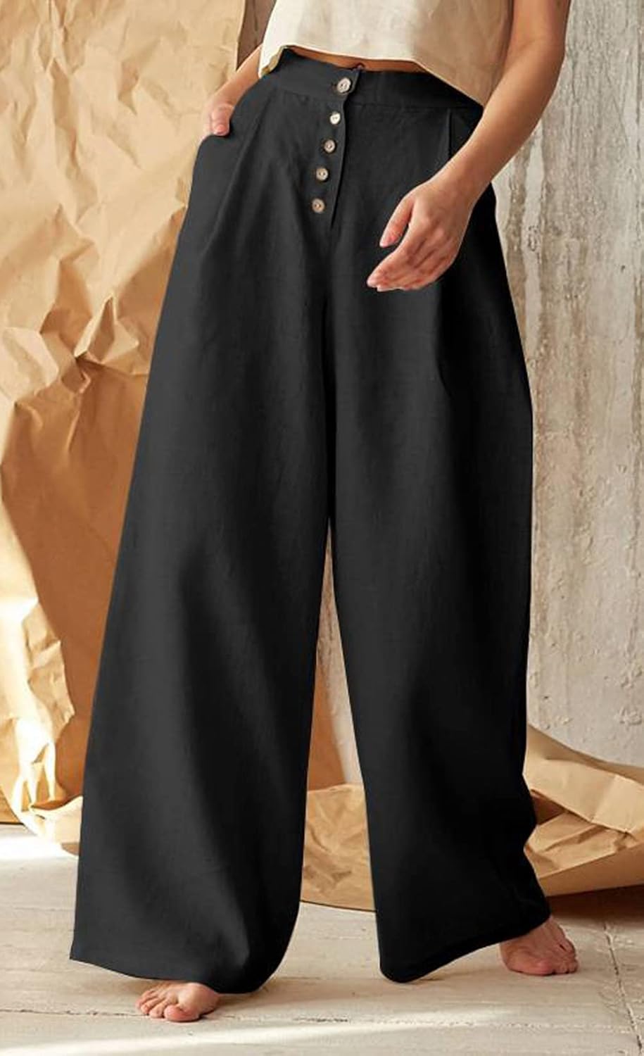 CHARTOU Women's Summer Button High Waist Wide Leg Cotton Linen Palazzo Pants with Pockets - Image 3
