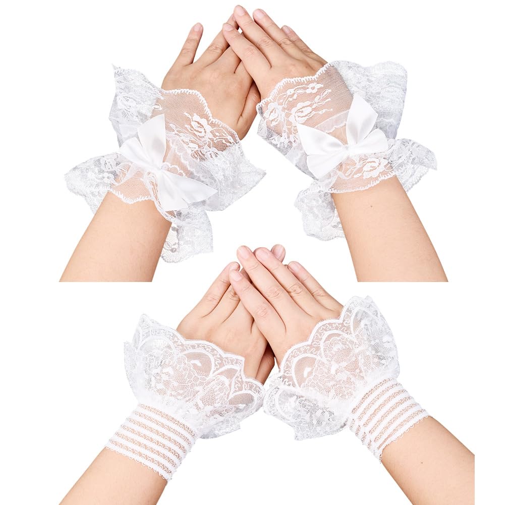CABODYALS 2 works 2 Styles White Bow Floral Sheer Mesh Lace Removable Wrist Cuffs Bracelets Ruffle Costume Short Fingerless Gloves Hand Sleeve Cuff for Wedding Tea Party Cosplay Decor