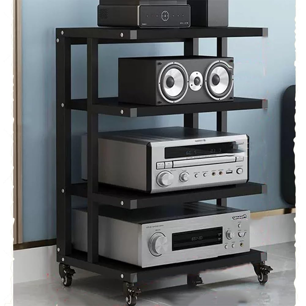 Support audio tour à roulettes noir meuble hifi 4 niveaux pour home cinéma