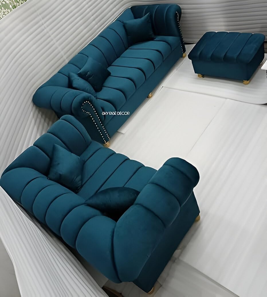 Modern Classic Sofa Couch Fabric & Valvet 3+2+1Footrest Tufted Chesterfield Sofa Living Room and Office (Tealgreen Trend F-370)