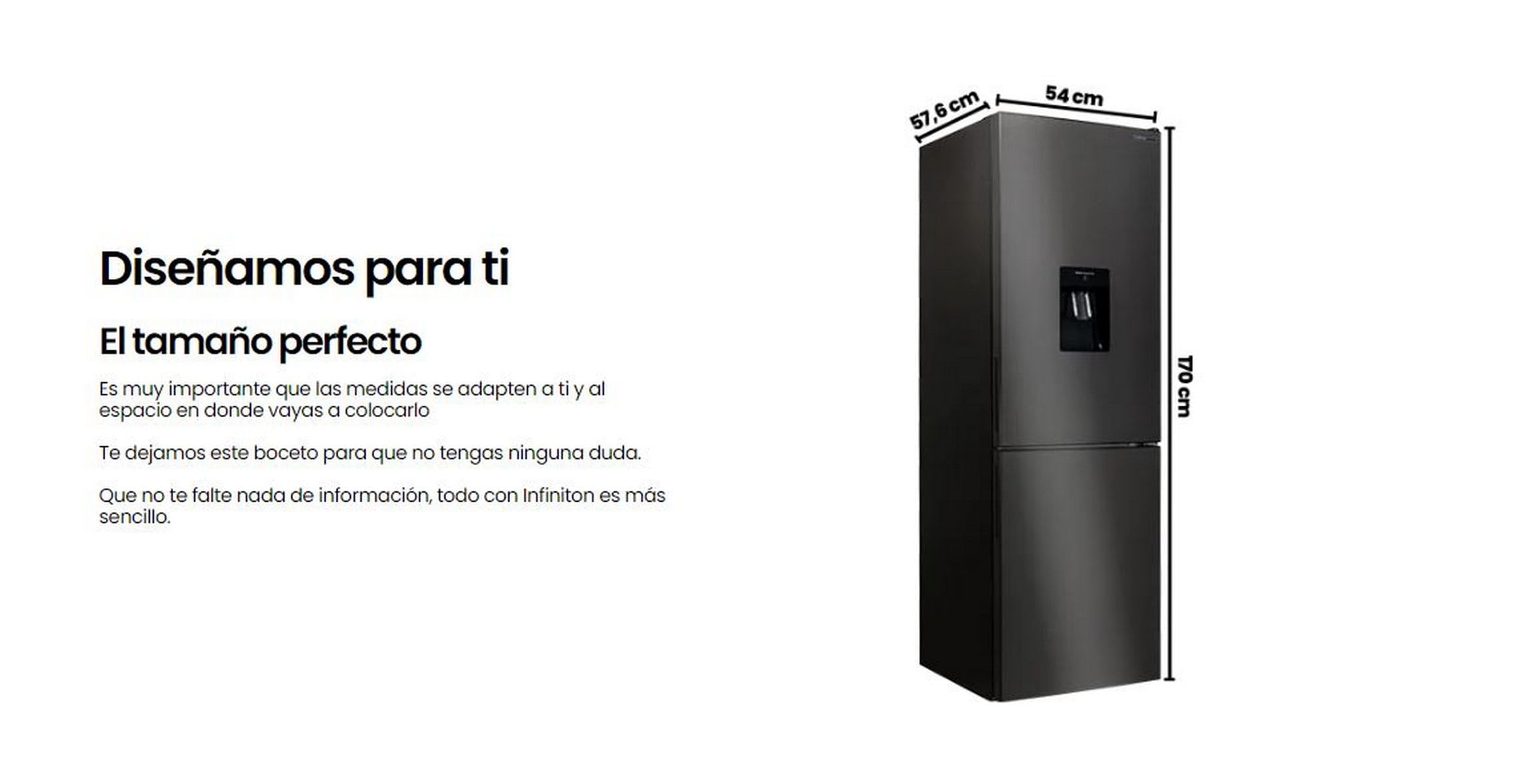 INFINITON Frigorifico Combi FGC-A174ND, 231 Litros, 170 cm de Altura, Dispensador de Agua con Deposito de 2 L, E, Total No Frost, Acabado en Dark Inox