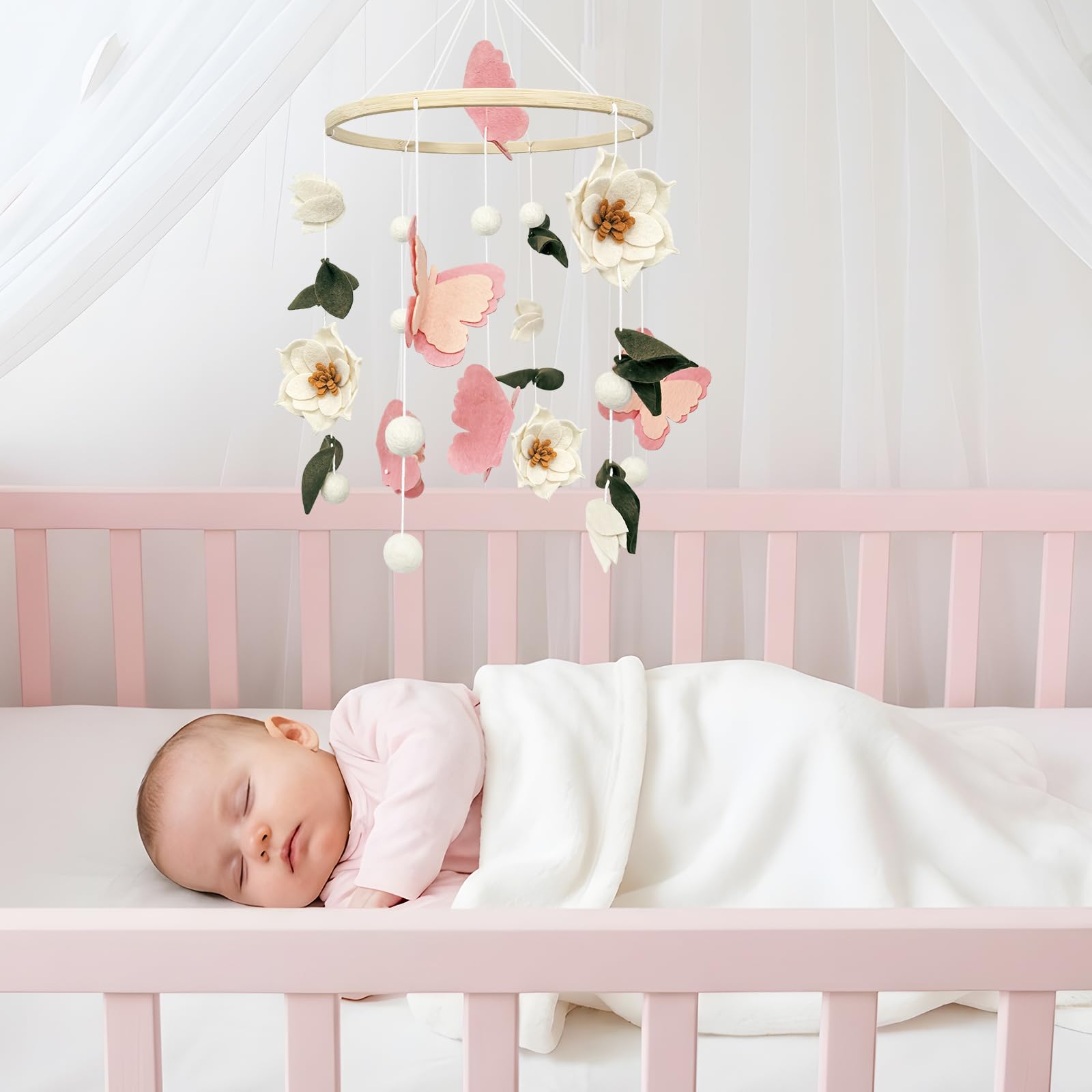 Móvil de bebé para cuna, flores y mariposas, móvil de cuna para niñas y niños, hecho a mano, decoración floral para habitación de bebé, decoración bohemia para habitación de bebé, regalo