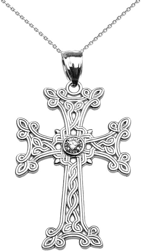Religious Jewelry Sterling Silver Armenian Cross Solitaire Cubic Zirconia Pendant Necklace