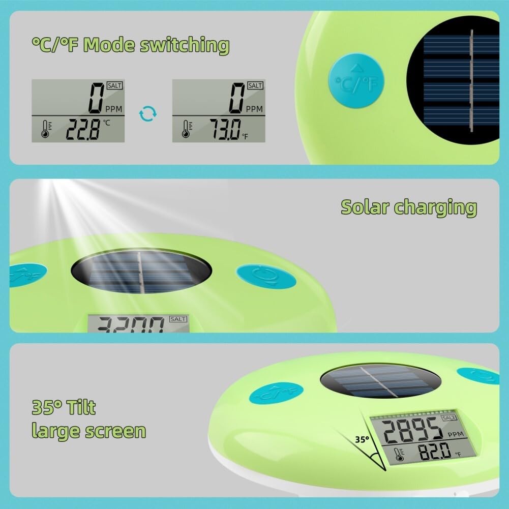 Tester solare galleggiante e termometro per piscina, misuratore di salinità digitale 0-9990 ppm, misuratore di temperatura dell'acqua 0-50 °C, visualizzazione continua senza cambio della