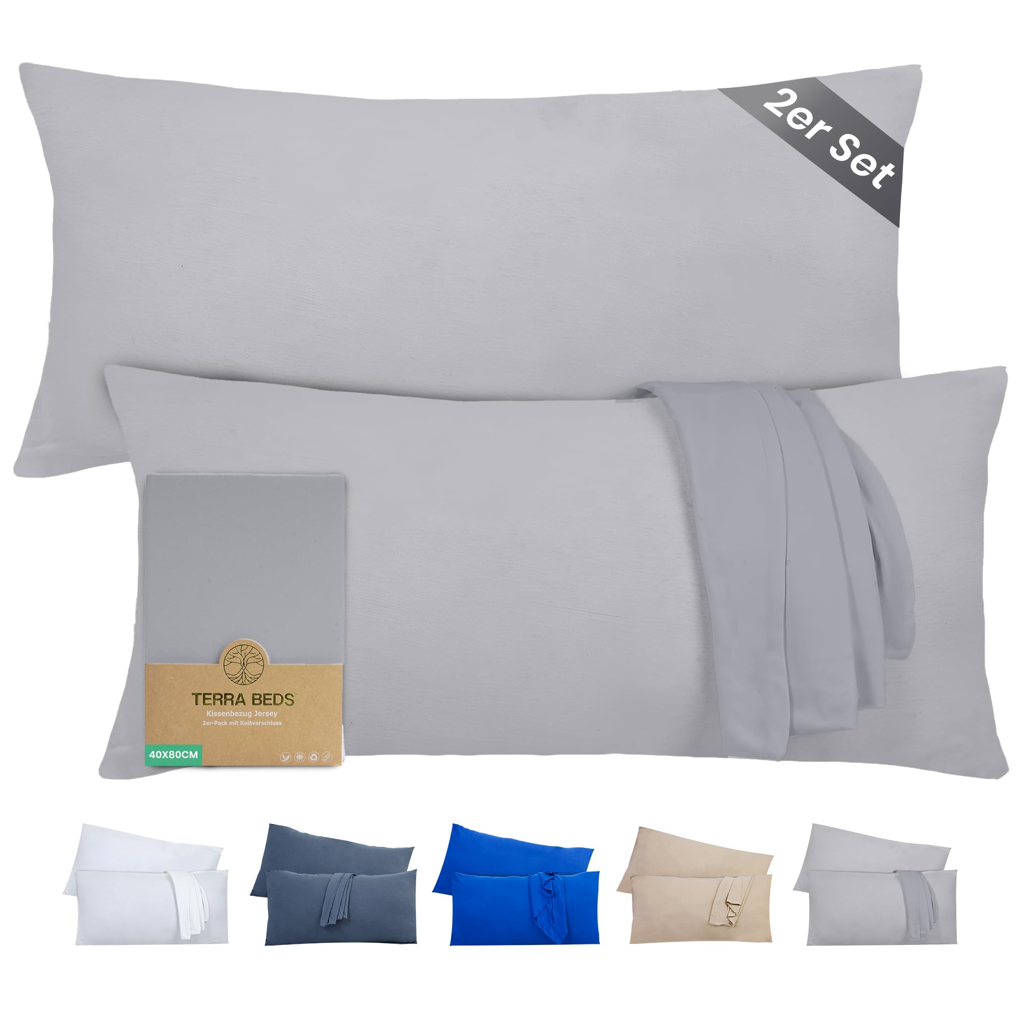 Terra Beds Kissenbezug 40 x 80 (Set mit 2) - 100% Baumwolle Jersey 160 g/m², Oeko-Tex Zertifiziert - Kopfkissenbezug 40x80 für Kissen 40x80 mit Reißverschluss, weich und atmungsaktiv - (Silber Grau)