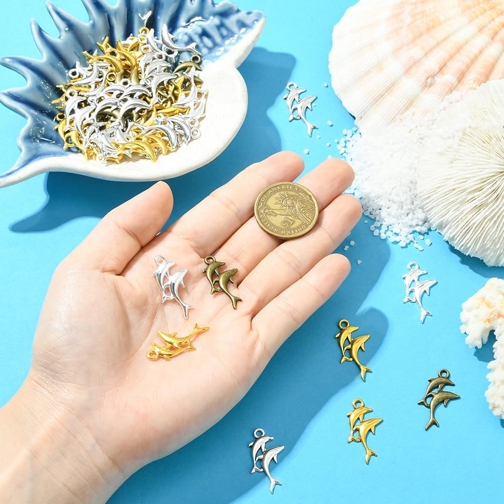 SUNNYCLUE 1 Box 60Pcs 5 Colors Silver Dolphin Charms Dolphin Charms Bulk Gold Metal Alloy Tibetan Sea Animals Double Ocean Dangle Pendants for Jewelry Making DIY Crafts Bracelets Necklace Supplies - Image 4