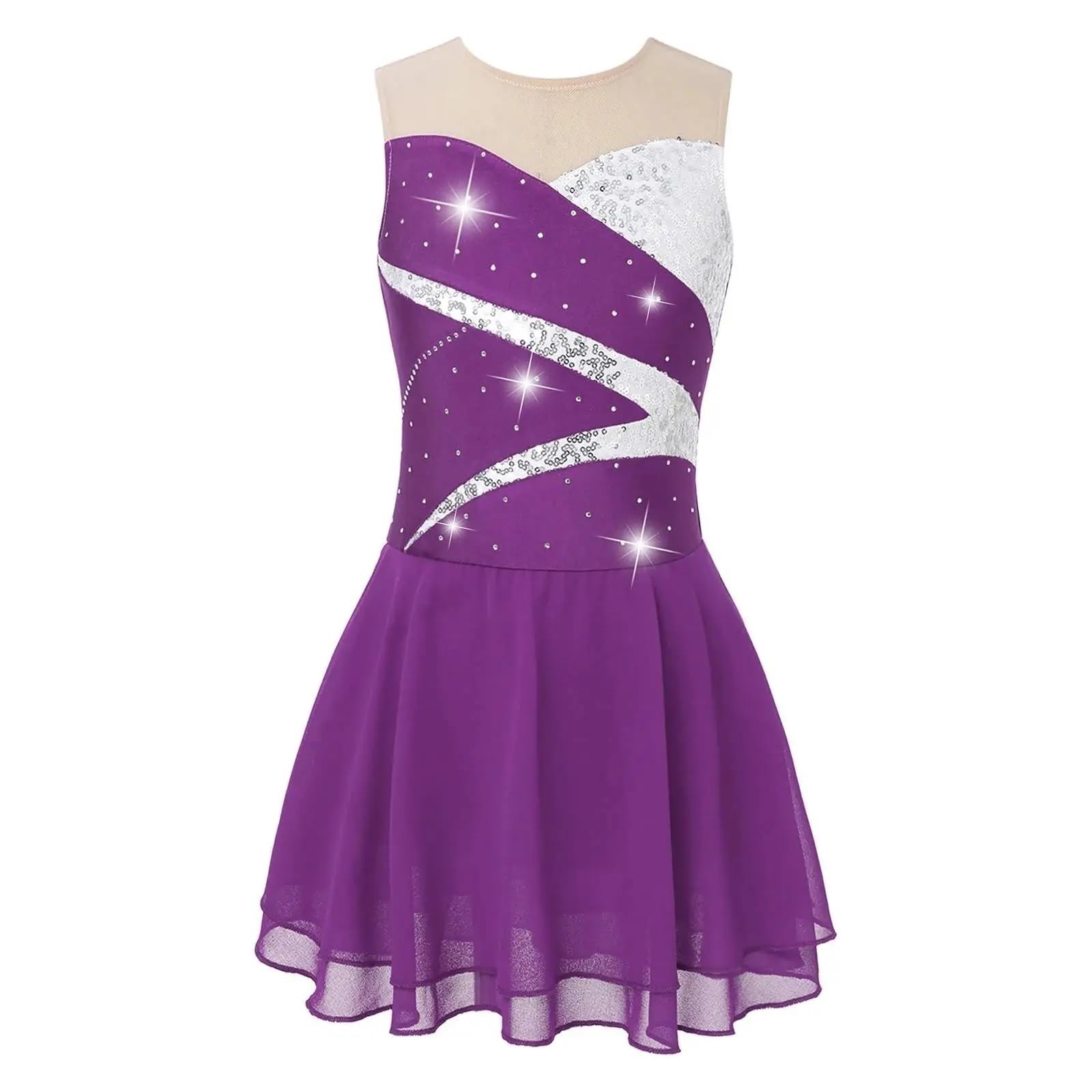 Gymnastikanzug Mädchen Glänzende Pailletten Ballett Jersey Gymnastik Trikot Tutu Tanz Tragen Hohlkreuz Eiskunstlauf Tanz Kleid(Red,8)