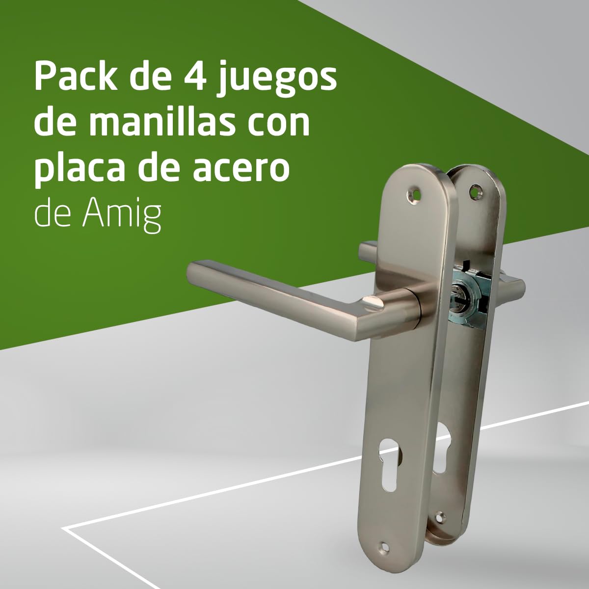 Amig - Pack de 4 Manillas con placa Mod. MAI PB85 - Para puertas interiores - Cuadradillo 8 mm - Bocallave 85 mm - Placa 240×45 mm - Aluminio - Acabado níquel cepillado