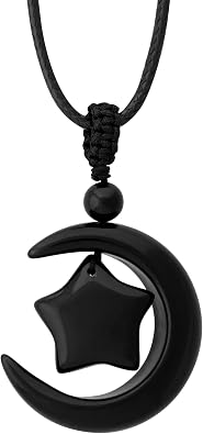 MINACHI Gothic Black Obsidian Moon Star Pendant Necklace with Braided Cord, Goth Celestial Jewelry Gift for Men and Women