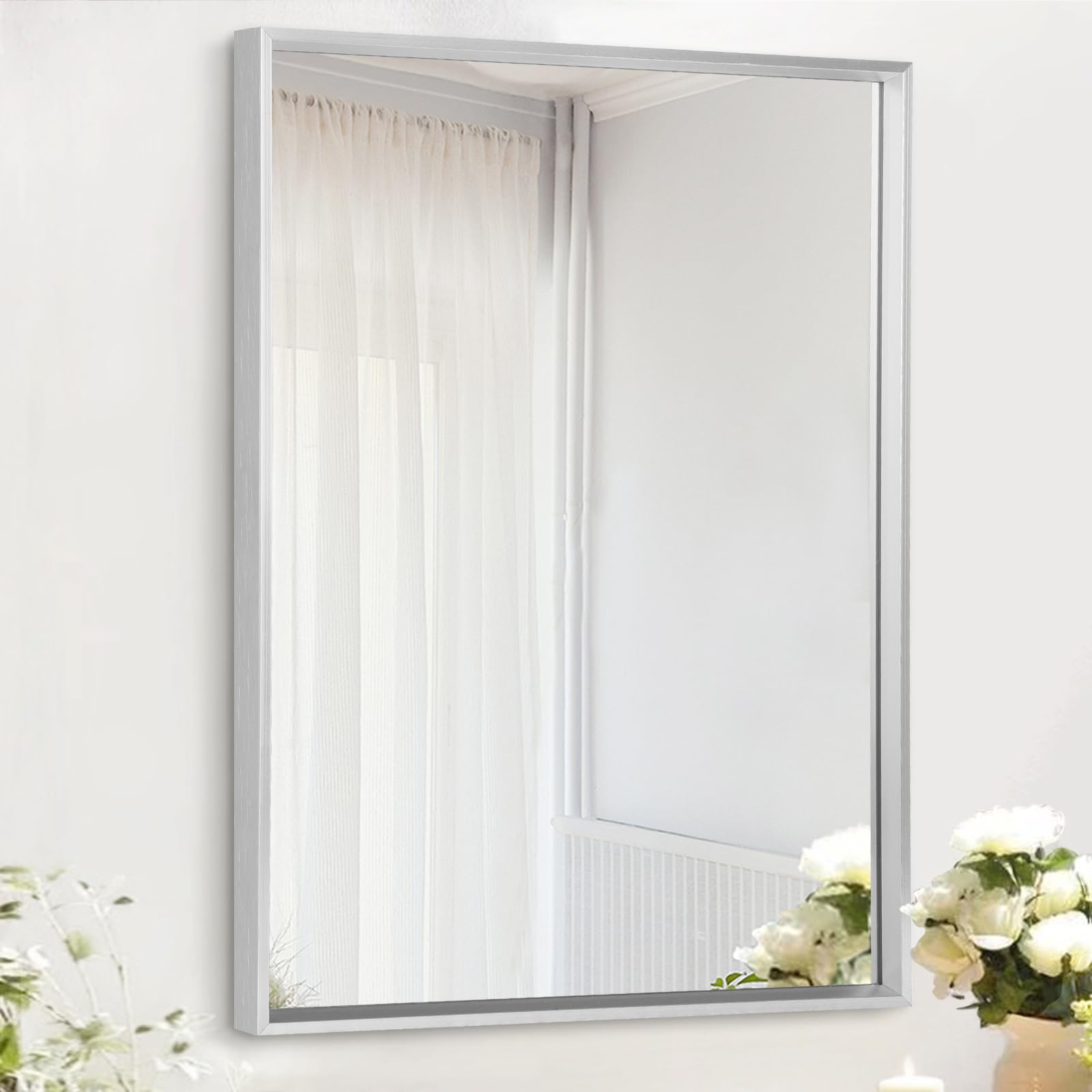 AAZZKANG Metal Frame Mirror Rectangle Wall Mounted Mirror Decorative Modern Bedroom Bathroom Vanity Mirror Vertical or Horizontal Silver 50x40cm