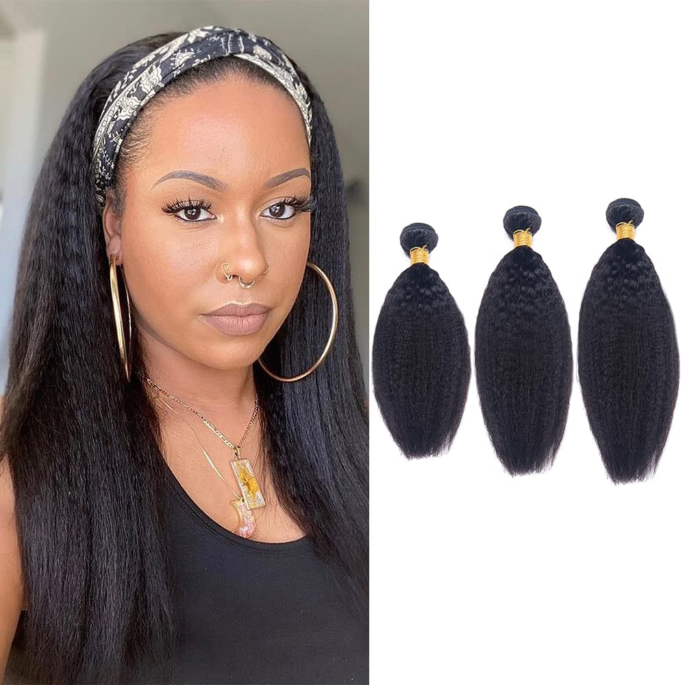 Kinky Straight Fasci di Capelli non Lavorati Estensioni di Capelli Umani Tessere Colore Naturale per le Donne Nere 3 Fasci di Lunghezza Mista(14''+16''+18'')