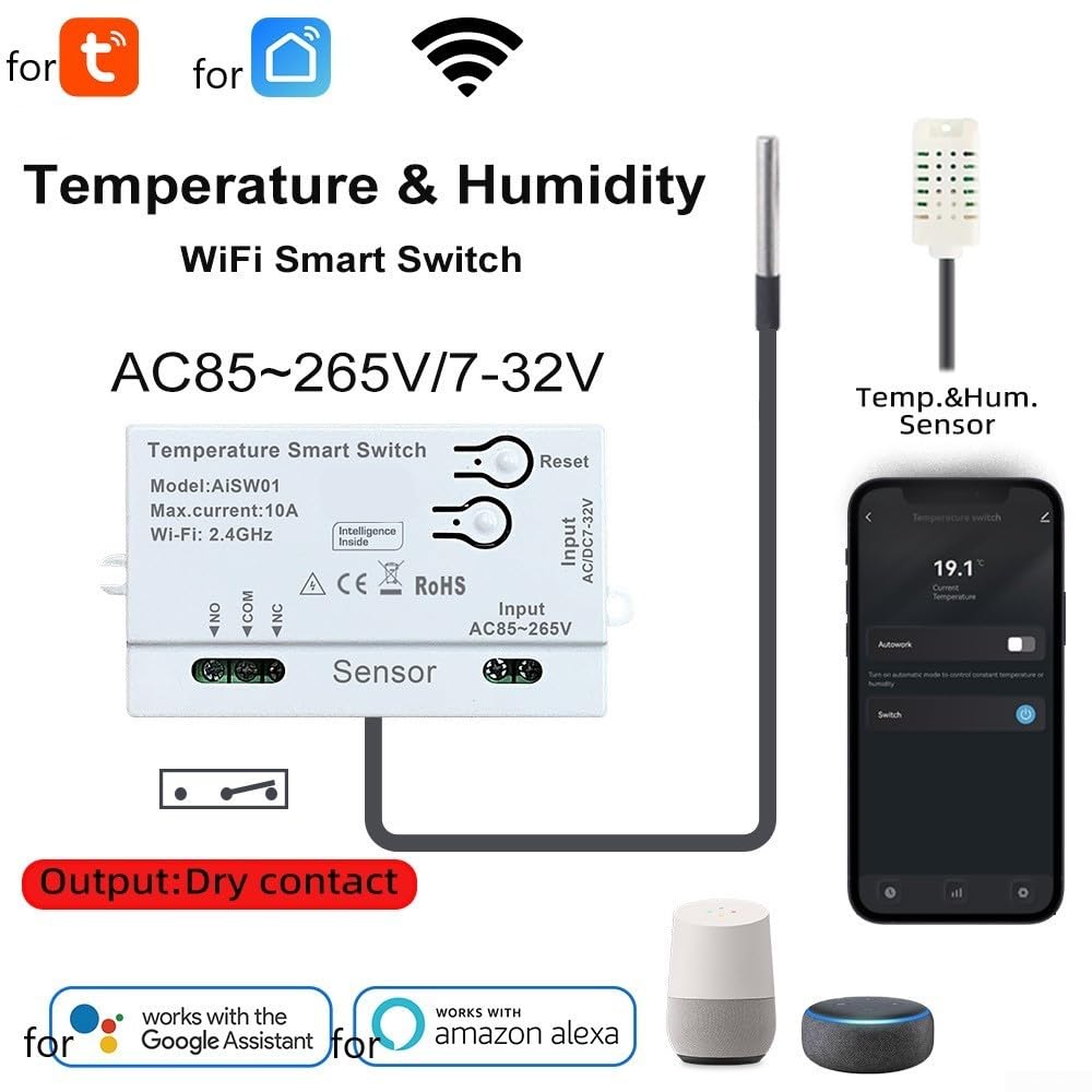 Capteur de température et d'humidité compatible WiFi avec contact sec pour automatisation intelligente (A)