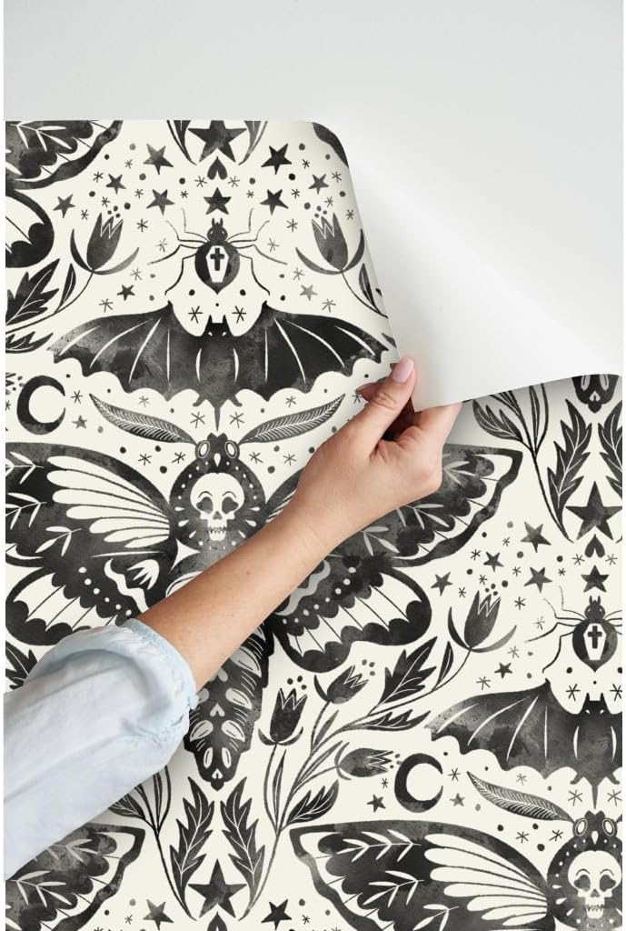 Peel & Stick Wallpaper Swatch - Watercolor Skull Moth Damask Black White Flower Stars Elegant Ink Magic Custom Removable Wallpaper by Spoonflower