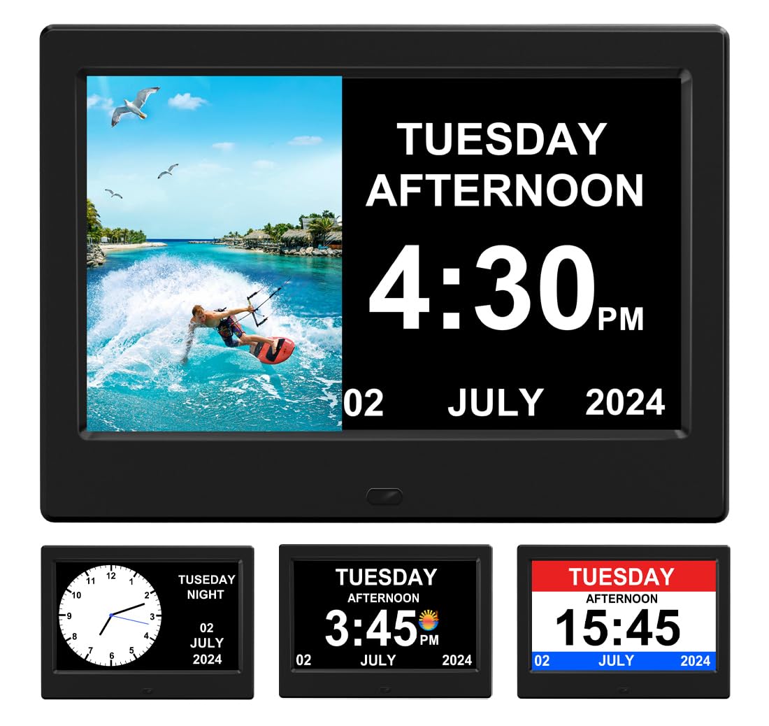 TIMEMOON Alarm Clock with Day and Date for Elderly Digital Calendar Clock Photo Frame- Auto Dimmable Display 15
