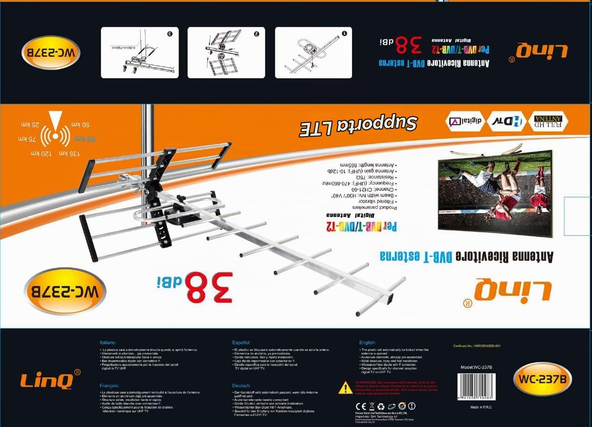 Antenna TV Esterna 38dbi DVB-T2, Amplificata 38dbi per Aree deboli, Adatta per Canali DVB-T2, HDTV LTE, Digitale Terrestre (237B)