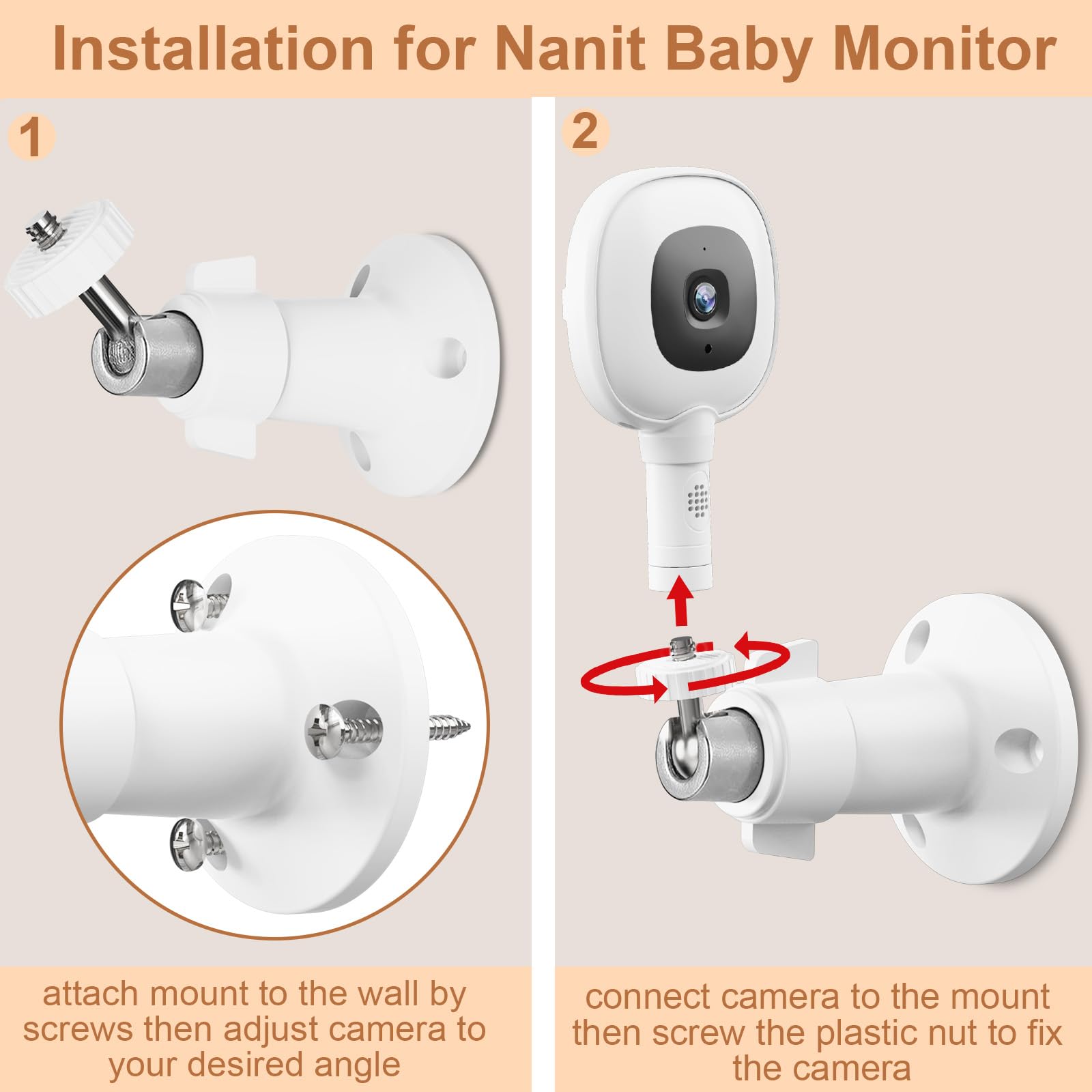 Regulowany uchwyt do niani Nanit Pro Smart Baby Monitor, w pełni zamknięta obudowa uchwyt ścienny z portem ładowania typu C i kablem zasilającym 2,5 m, łatwy w instalacji (kamera nie jest