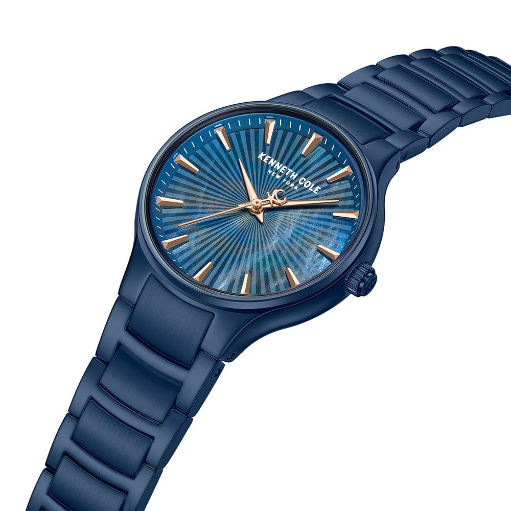 Kenneth Cole New York Reloj clásico para mujer, colección Monroe, esfera de nácar texturizada azul, caja azul y pulsera de acero inoxidable, reloj de vestir minimalista