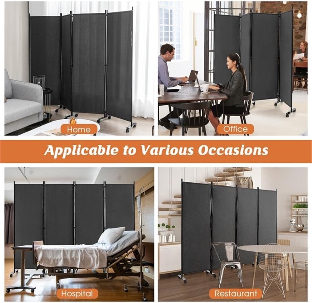Pemberly Row 4 Panel Folding Room Divider, 6FT Privacy Screen with Lockable Rolling Wheels, Durable Polyester Fabric and Metal Frame, Gray Finish, Foldable Design for Home or Office Spaces