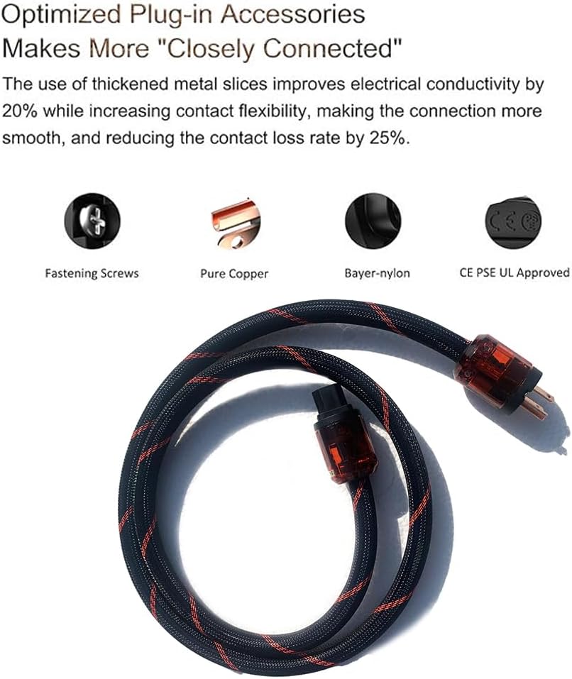 HiFi Power Cable, 3.3FT/1M, 125V 15A, Durability, Sturdy, High-End Braided Sleeve Amplifier Power Cord, Audio AC Power Cable Wire with US Plug+C15 Connector (6.6FT/2M)