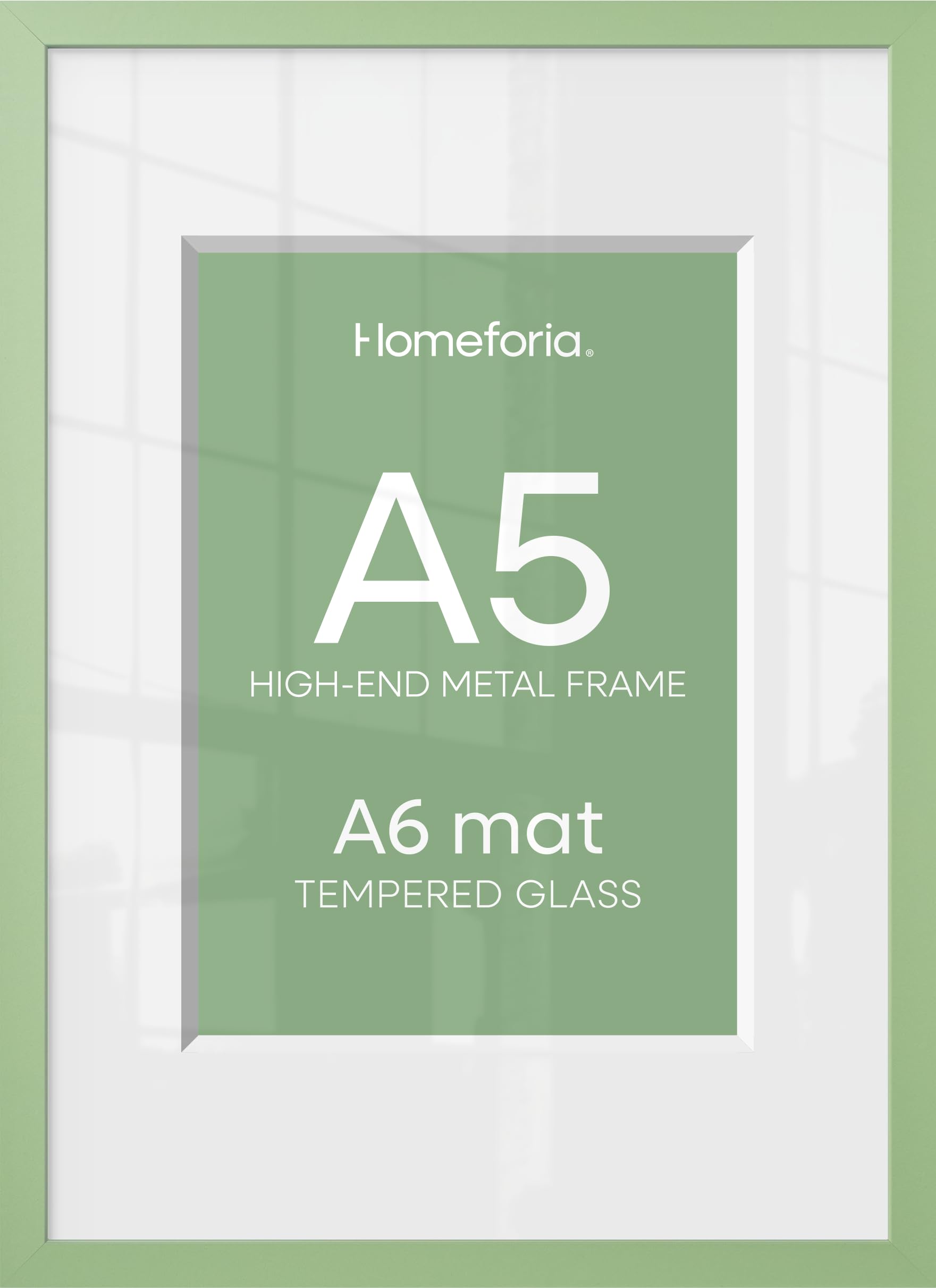 Homeforia A5 Green Picture Frame, High-End Metal, A6 Mat, Glass | High End Aluminum, Tempered Glass, Acid-Free A6 Removable Mat, A5 Edge-to-Edge Display, Wall Kit, Set Of 1