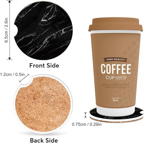 Miniatura 2 de Juego de posavasos para automóvil, 2 posavasos automáticos de mármol negro de cerámica absorbente para café, posavasos de bebida premium para