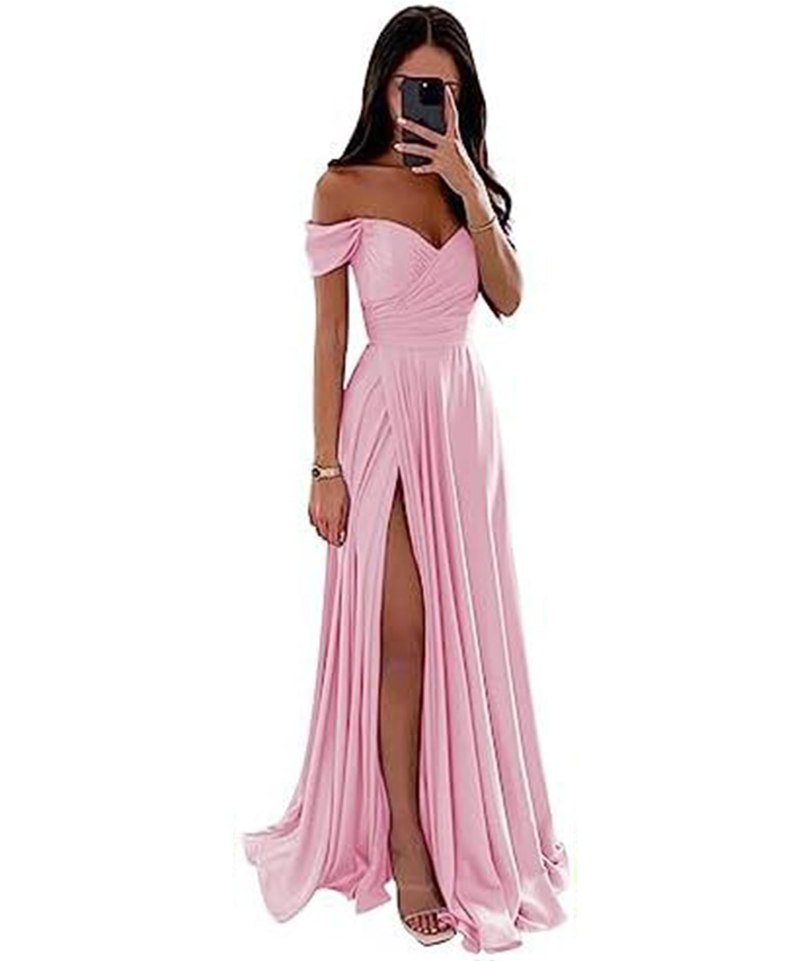ECDAHICC Vestido de dama de honor sin hombros para mujer, de satén, con abertura larga, elegante, formal, línea A, vestido de boda y fiesta
