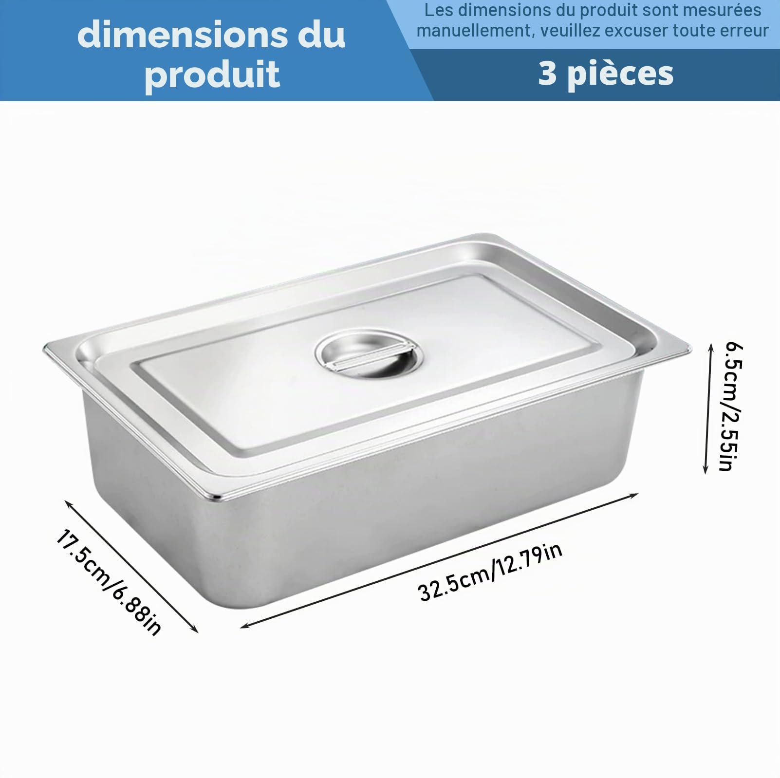 3 Pièces Bac Inox Alimentaire: Plat Four Rectangulaire, Plat Four Avec Couvercle, 32,5x17,5x6,5 cm, Durable et Facile à Nettoyer pour Cuisine, Restaurant