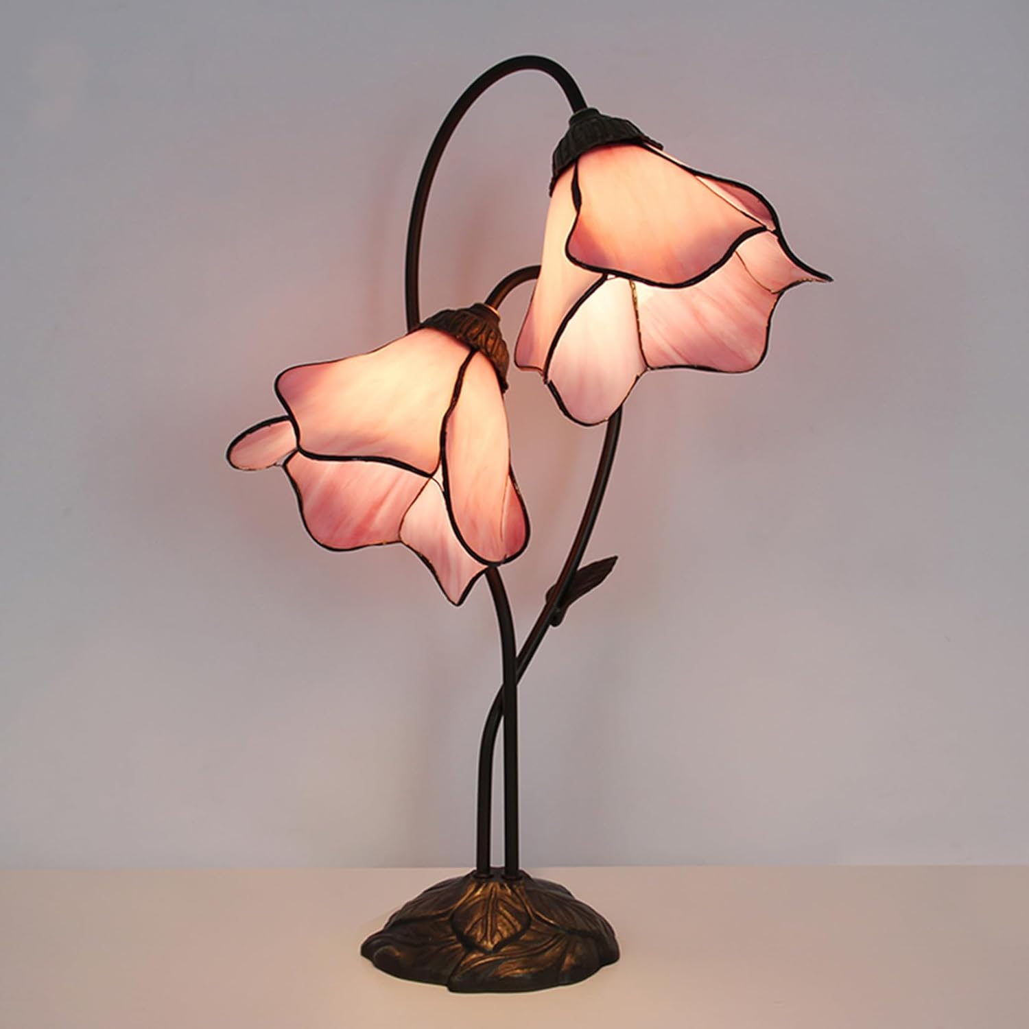 Tiffany Style Stained Glass Table Lamp with 8-inch Wide Bent Glass Flower Lampshade Leaf Base 22-inch Tall Night Light for Living Room Bedroom Bedside Decorative,Pink