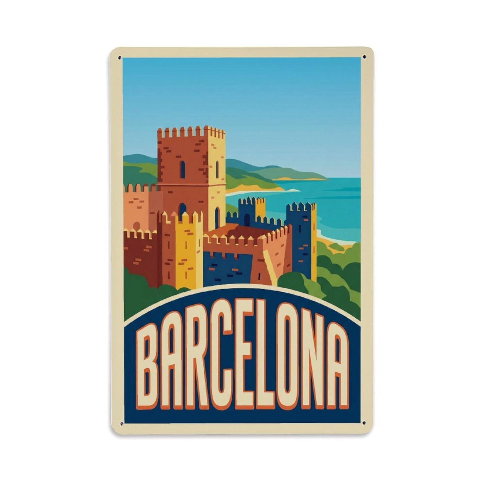 Vintage Travel Fortress Spain Ancient Metal Tin Sign Plaque Wall Decor for Cafe, Club Bar, Office, Home Garden Metal Poster 8x12Inch