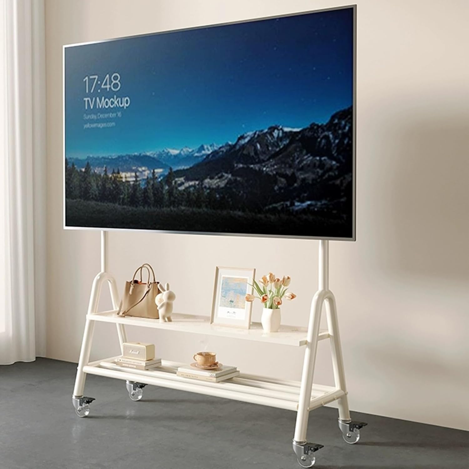 Mobile TV Stand, Floor TV Stand with Wheels, Mobile TV Cart with Storage Shelves, Height Adjustable Rolling TV Stand, Rolling TV Cart for Living Room, Bedroom,(White)