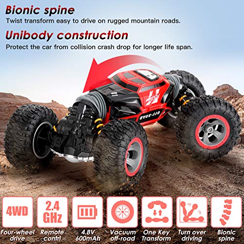 KingsDragon Remote Control Car,2.4 GHZ High Speed Stunt RC Racing Cars RC Rock Crawler w/ Rechargeable Batteries,Indoor Outdoor Motors Vehicles Buggy Hobby Car Toy Gifts for Boys Girls-Red