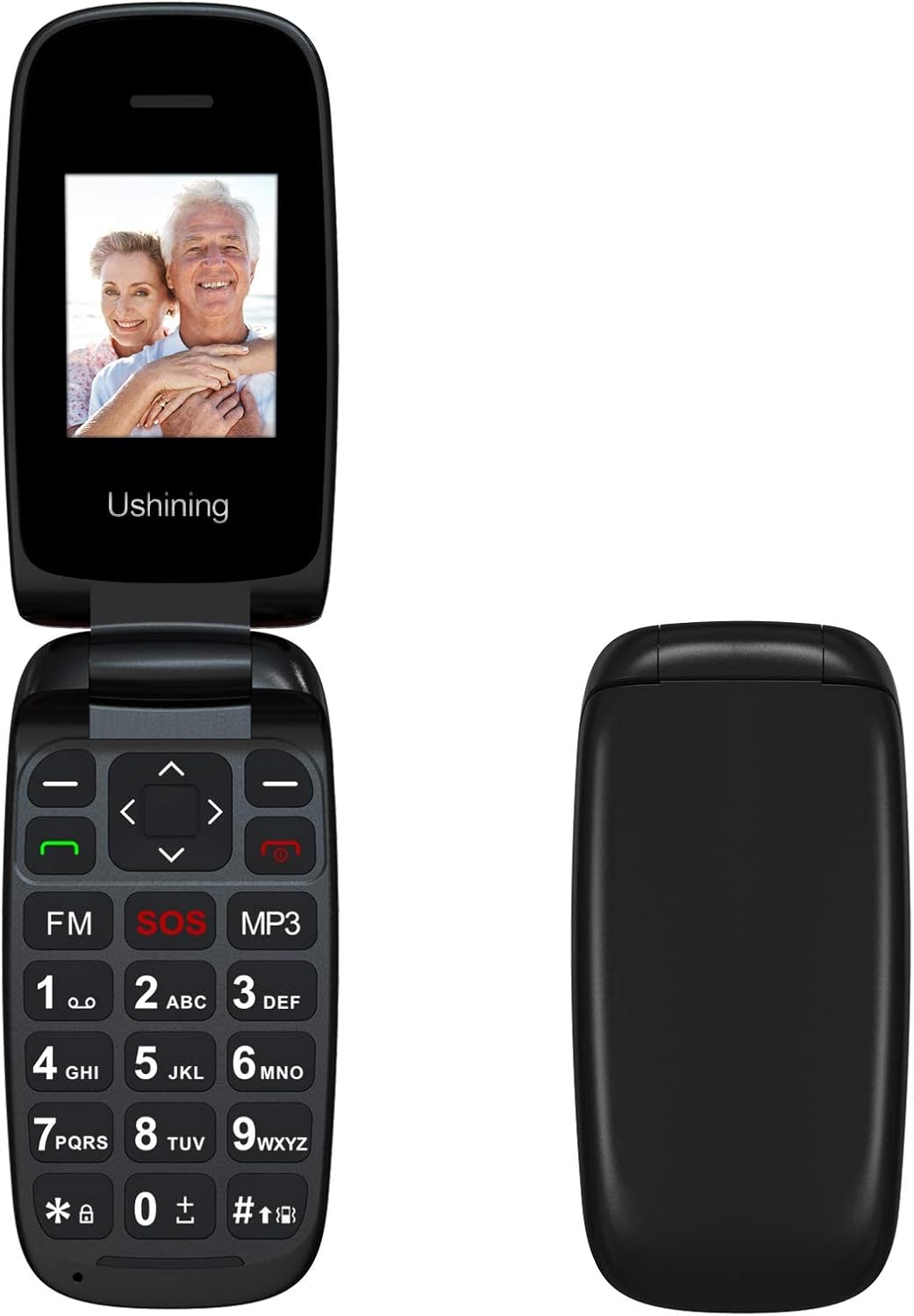 USHINING F200 flip phone, open and closed views