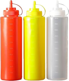 Botella de Salsa,3 Pcs 1000ml Dispensador Salsas,Botellas de Salsa Exprimibles para Cocinar,Ninguna Fuga,para Condimentos,Salsa de Tomate, Mostaza, Mayonesa,Salsa Picante(Rojo,Amarillo,Blanco).