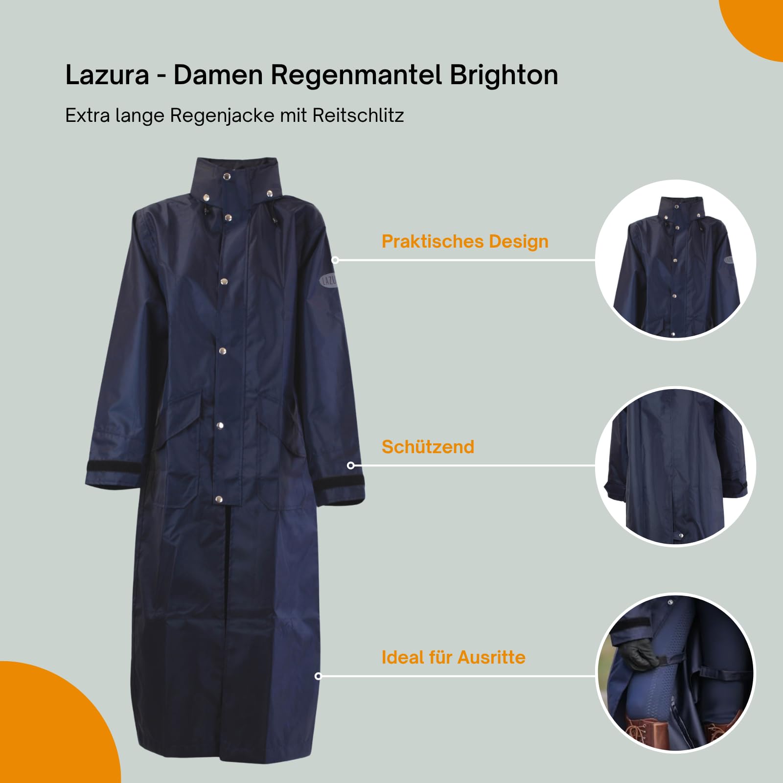 Lazura - Damen Regenmantel Brighton – Nachtblau – Gr. XS - XL | Extra lange Regenjacke mit Reitschlitz – wasserdicht & windabweisend – Regenponcho zum Wandern & Reiten
