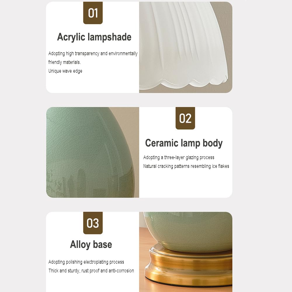 Lampada da tavolo moderna in ceramica, corpo lampada in ceramica, paralume in vetro, base in metallo, lampada da tavolo per soggiorno, adatta per camera da letto e soggiorno (Verde acqua)